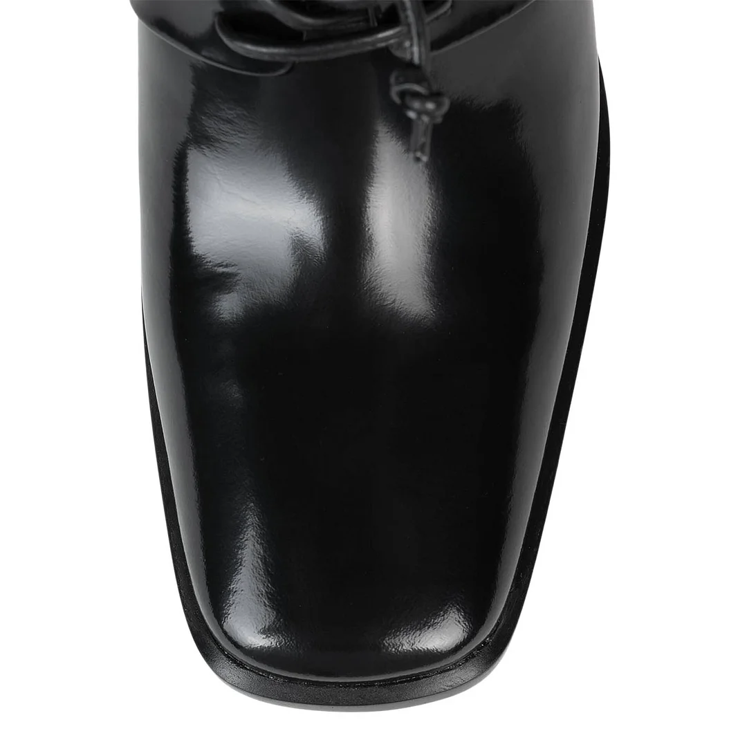 Black Patent Leather Tie-Up Block Heel Square Toe Oxford Shoes Women