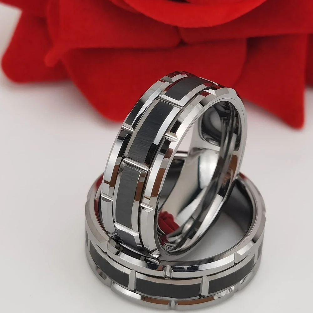 8MM Sliver Tungsten Irregular Groove Simple Black Bands For Mens