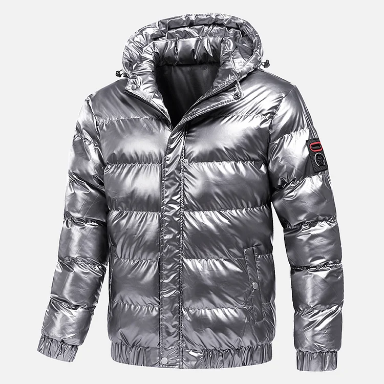 Men's Puffer Quilted Jacket  Solid Color Pocket Drawstring Hooded Zipper Long Sleeve Coat