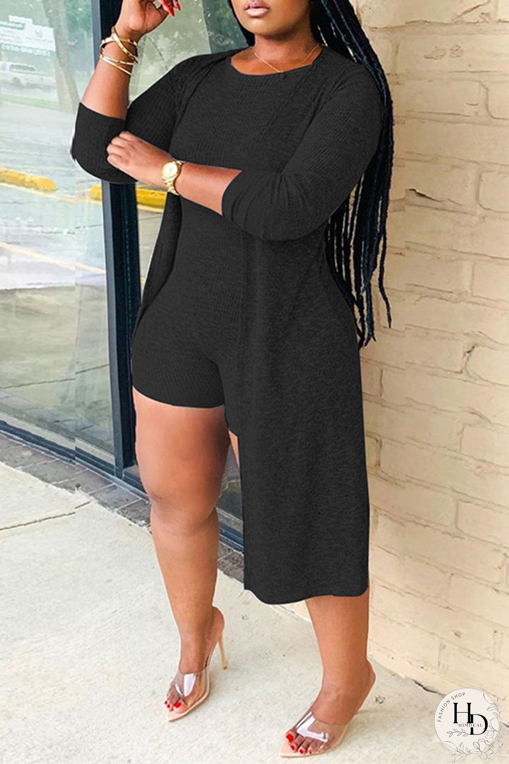 Grey Fashion Casual Solid Cardigan O Neck Plus Size Two Pieces