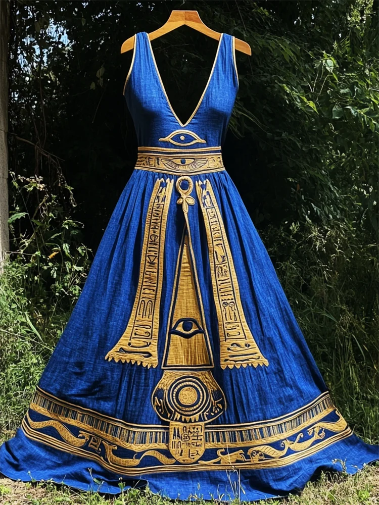 Eye Of Horus Ancient Egyptian Embroidered Linen Maxi Dress