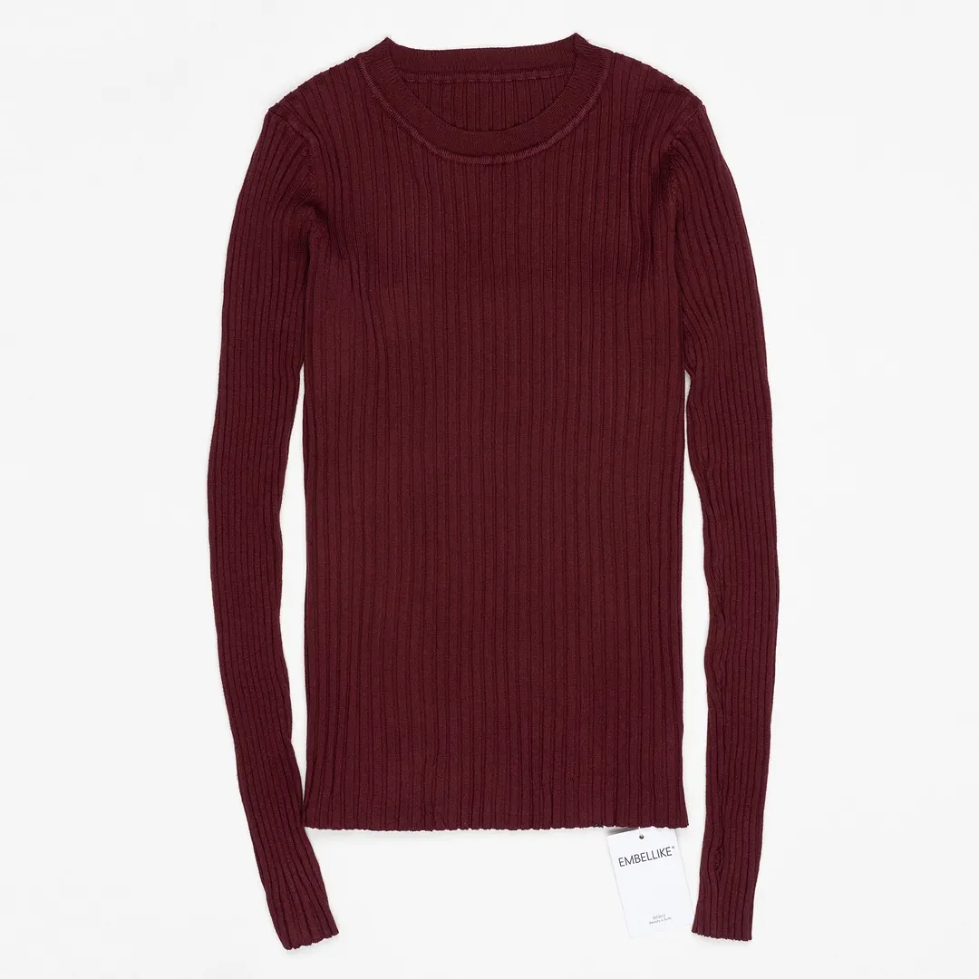Women Sweater Pullover Basic Ribbed Sweaters Cotton Tops Knitted Solid Crew Neck With Thumb Hole
