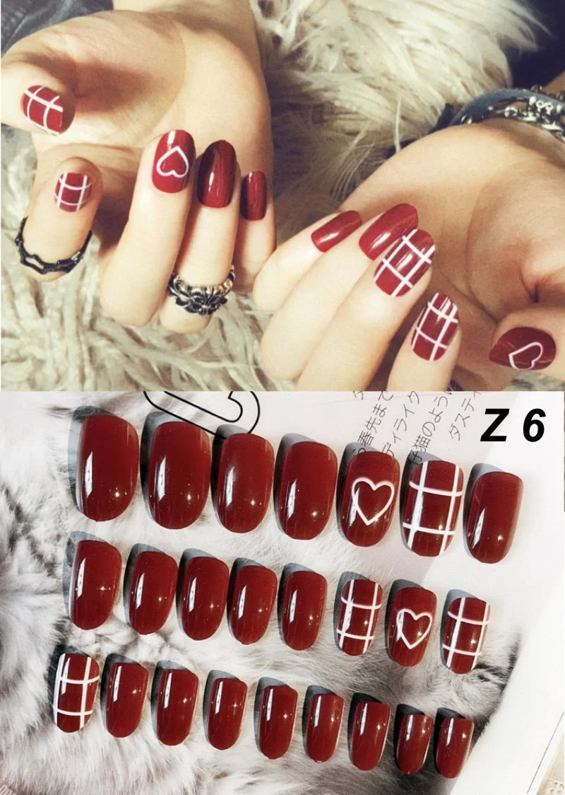 24 Pcs/Set False Nails Full Cover Artificial Fake Nails Press On Tips Painted Design Stickers Short Art Tips with Color Cute Red-Nail Inspo