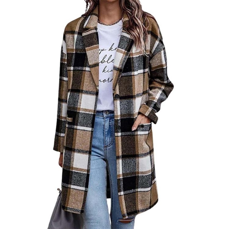 Women's Lapel Plaid Pocket Wool Coat