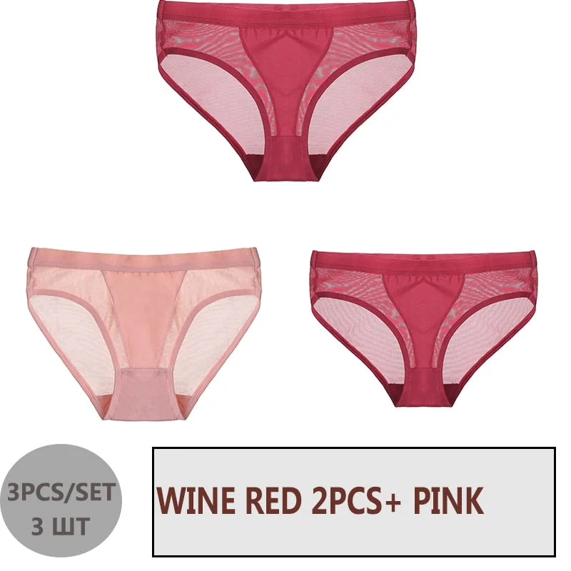 FINETOO 3PCS/Set Women Panties Sexy Mesh Lingerie Breathable Female Underwear For Woman Low-Rise Underpant Woman Panties Briefs