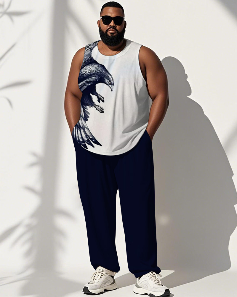 Men Plus Size Street Fashion Blue Eagle Print Vest Trousers Suit