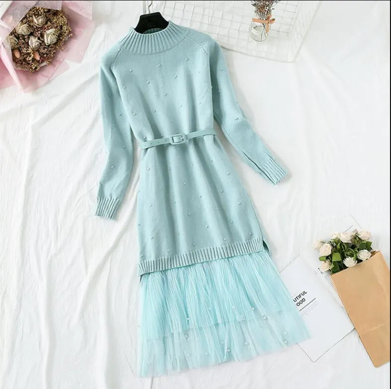 Elegant O-neck women knitted dress suits Autumn winter Long sleeve With belt Sweater tops + sweet Mesh skirt 2 pieces set women