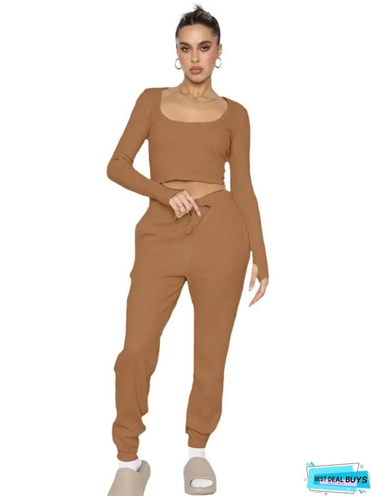 Waffle Solid Necks Long Sleeve Pants Sets Women Cropped Tops High Waist Trouser Pieces