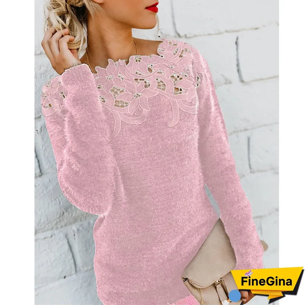 Long Sleeved Sweater Stitched Solid Lace Sweater