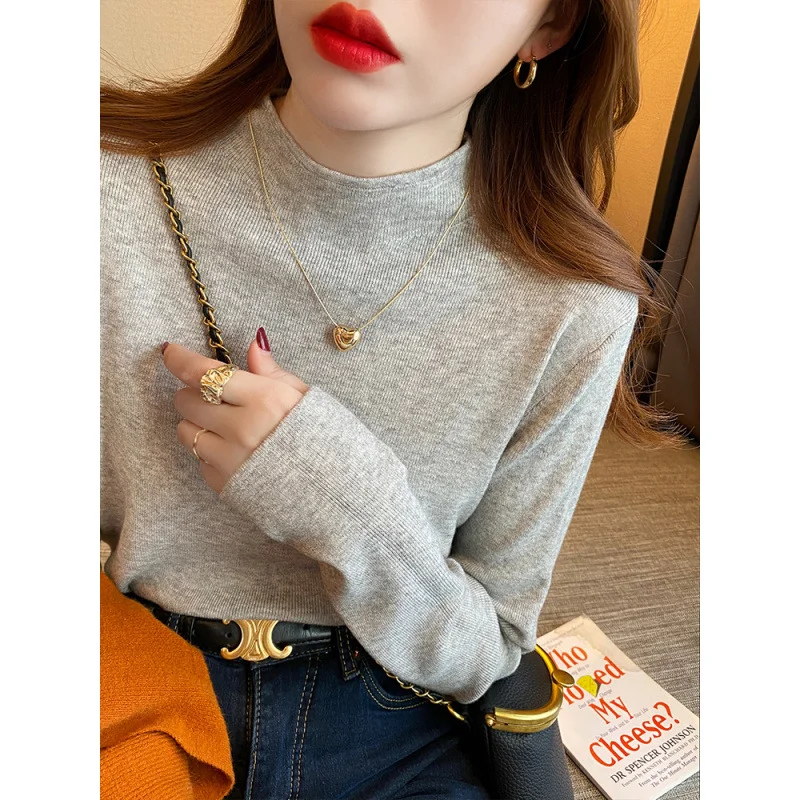 Uveng Uveng Collar Bottom Shirt Femininity In Autumn And Winter New Wool Long-Sleeved Knitted Shirt Solid Black Sweater
