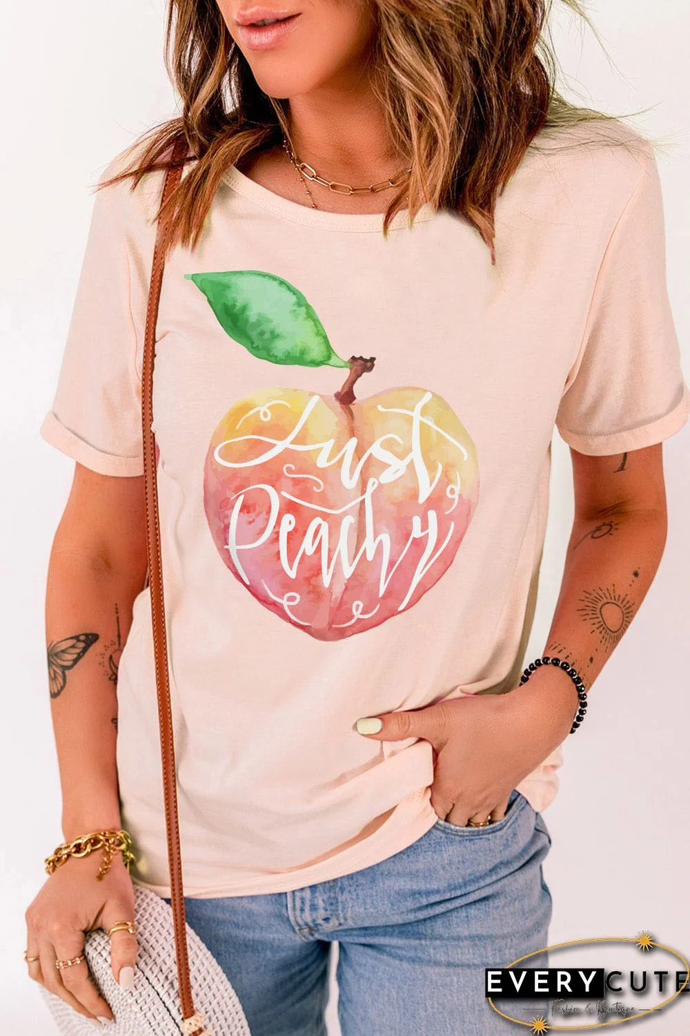 Pink Peach Letter Graphic Print Short Sleeve T Shirt