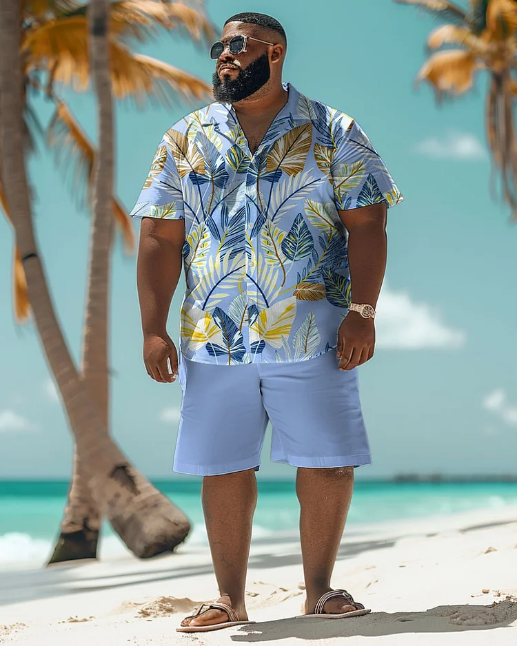 Men's Plus Size Hawaiian Tropical Leaf Print Shirt Shorts Suit