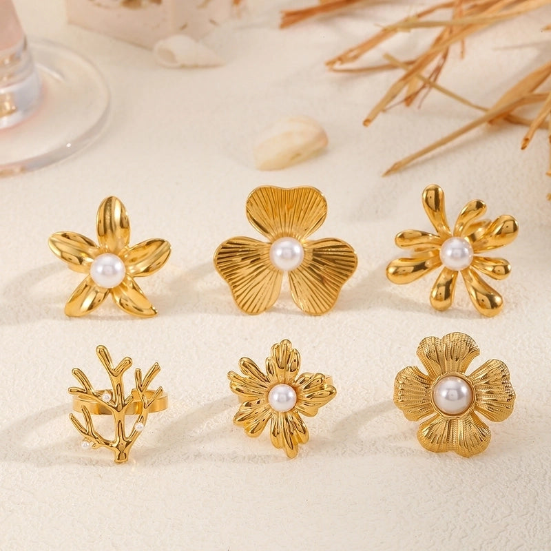 Elegant Flower 304 Stainless Steel Pearl Inlay Open Rings