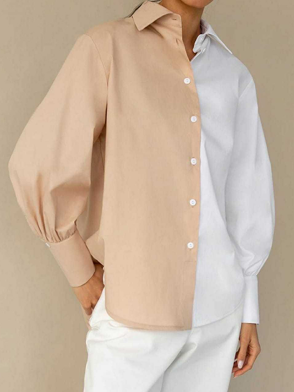 Contrast Color Buttoned Puff Sleeves Loose Lapel Blouses&Shirts Tops WHITE-3XL