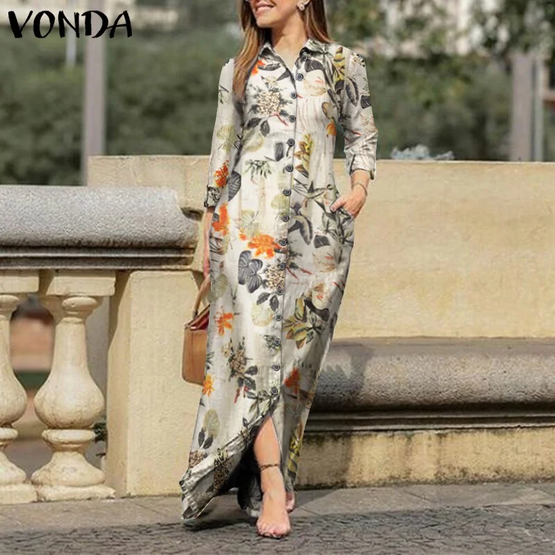 VONDA Women Long Sleeve Long Maxi Dress Summer Vintage Checked Plaid Turn Down Neck Shirt Dresses Button Up Party Vestidos Robe
