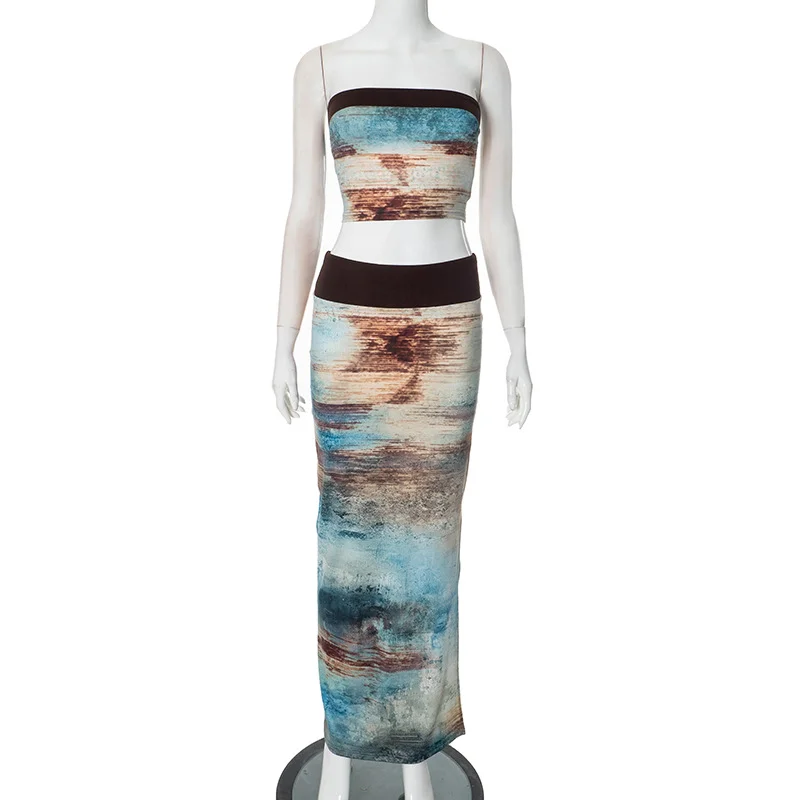 Brownm Brownm Women's Spring And Summer Breast Dye Printing Shoulder Tight High-Waisted Long Ass Skirt Set