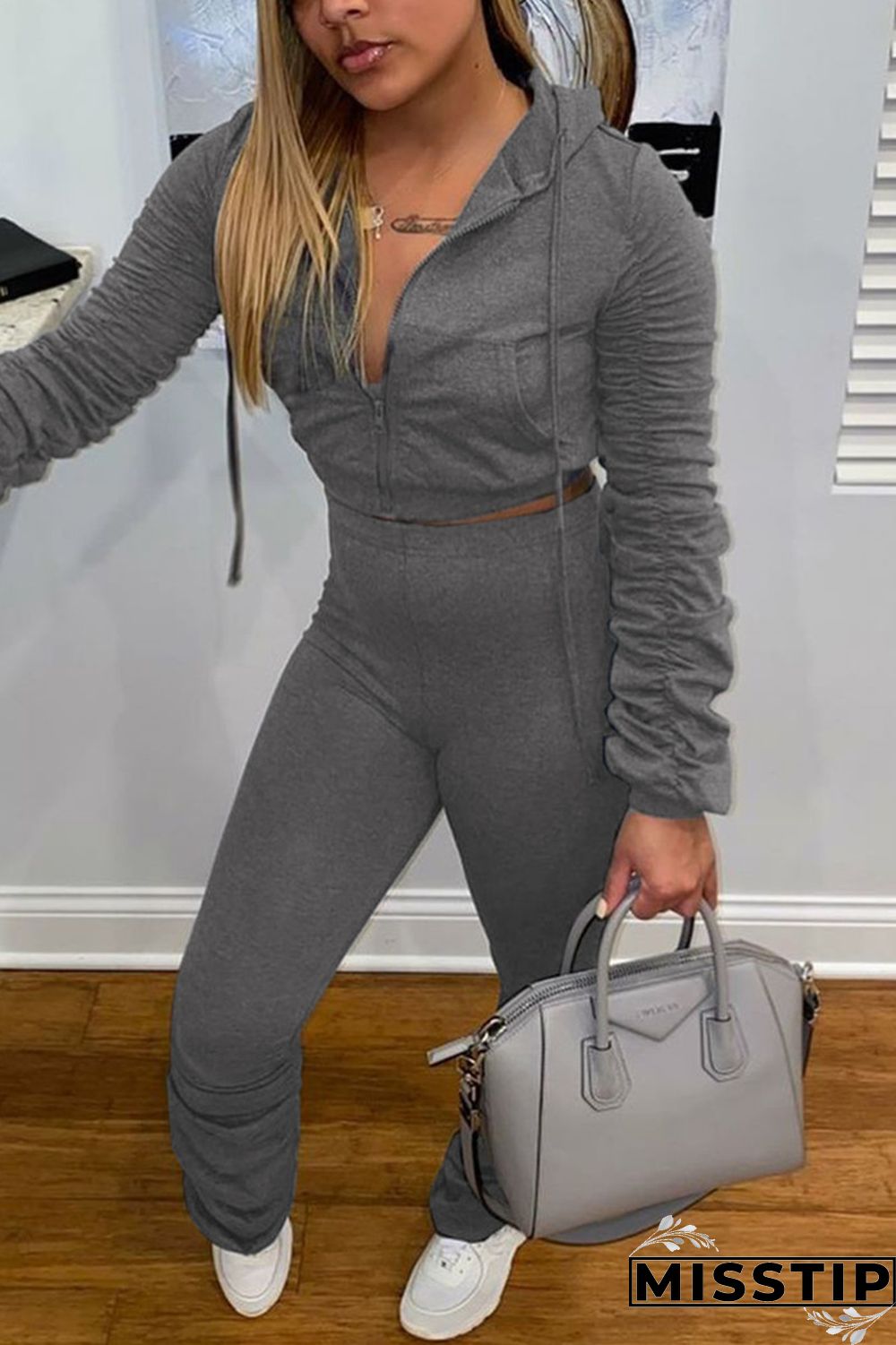 Grey Fashion Casual Solid Fold Hooded Collar Long Sleeve Two Pieces