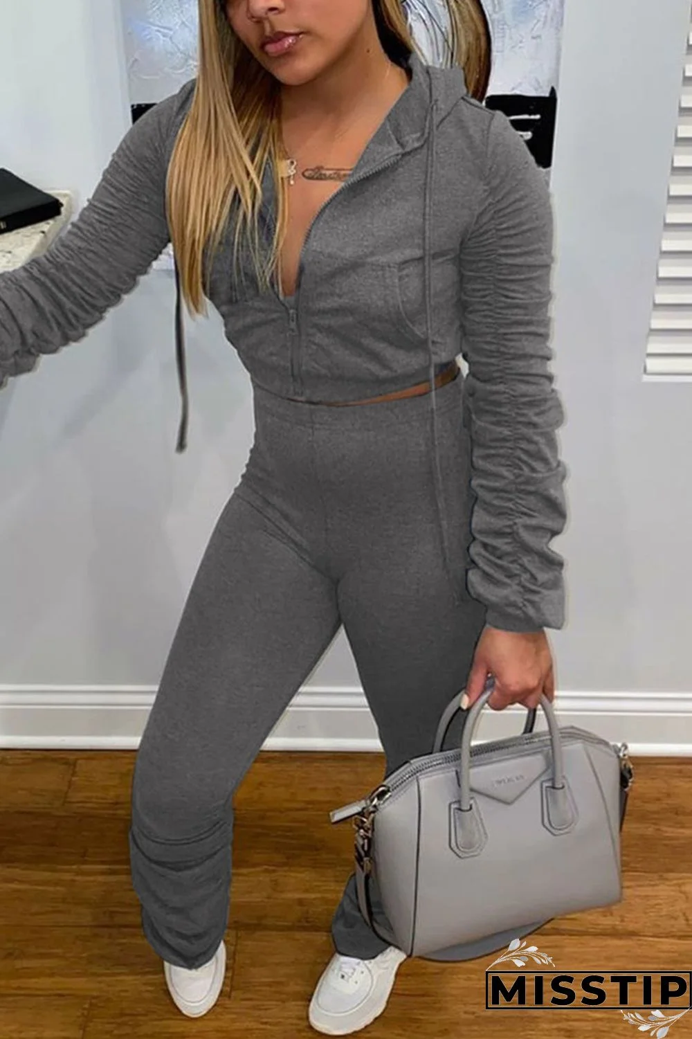 Grey Fashion Casual Solid Fold Hooded Collar Long Sleeve Two Pieces