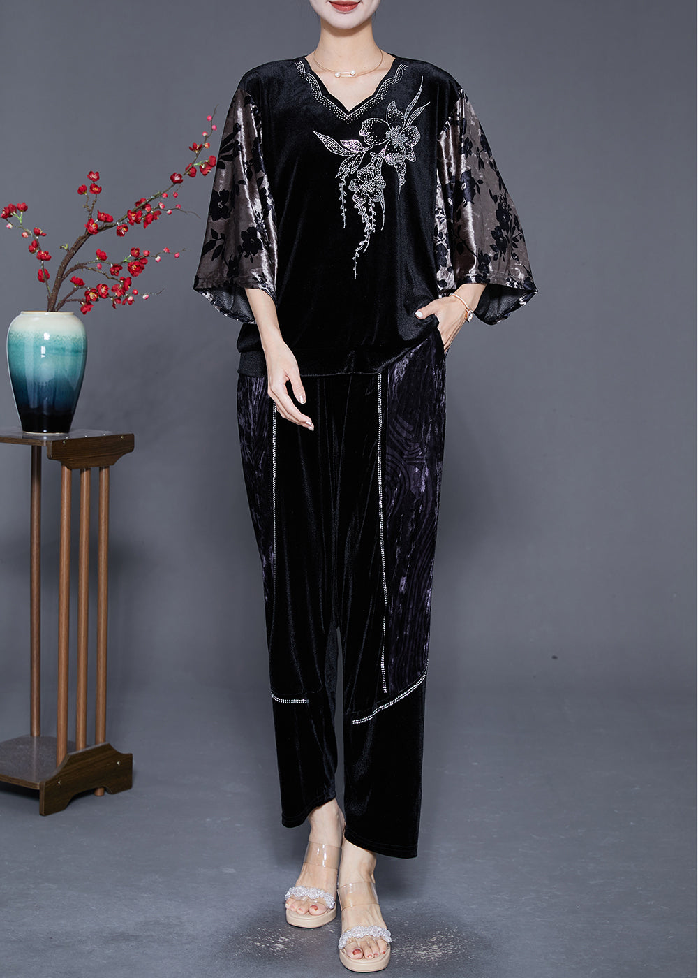 VCSHOES Black V Neck Patchwork Zircon Silk Velour Two Pieces Set Batwing Sleeve