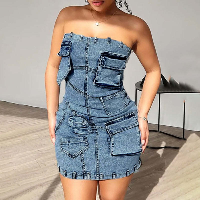 2000s dti Personalized Street Denim Hip Skirt 2024 Spring New Solid Color Stitching Multi-Pocket Tube Top High Waist Dress Women