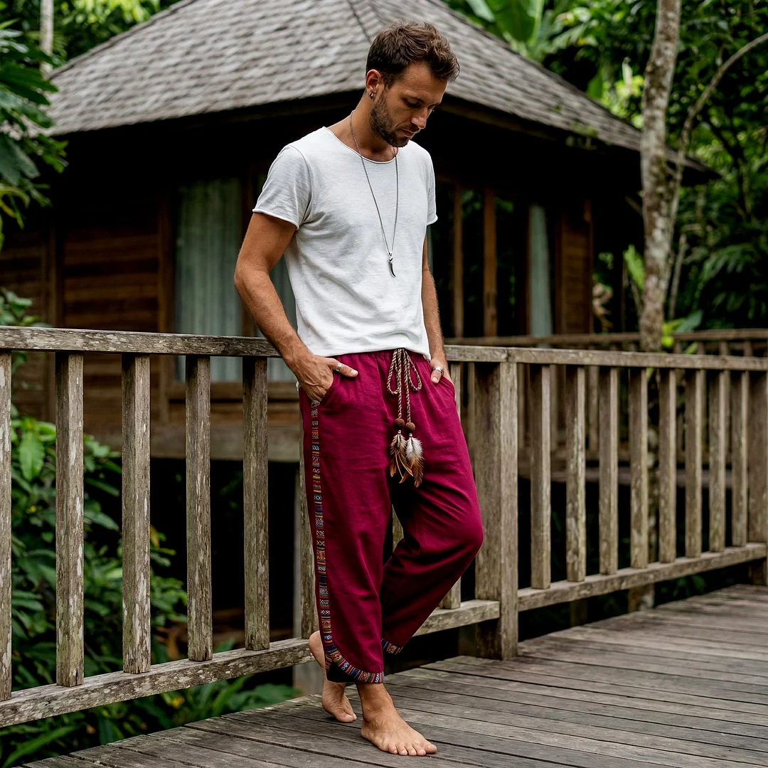 Men's Ethnic-style Patterned Patchwork Linen Elastic Waist Trousers-inspireuse