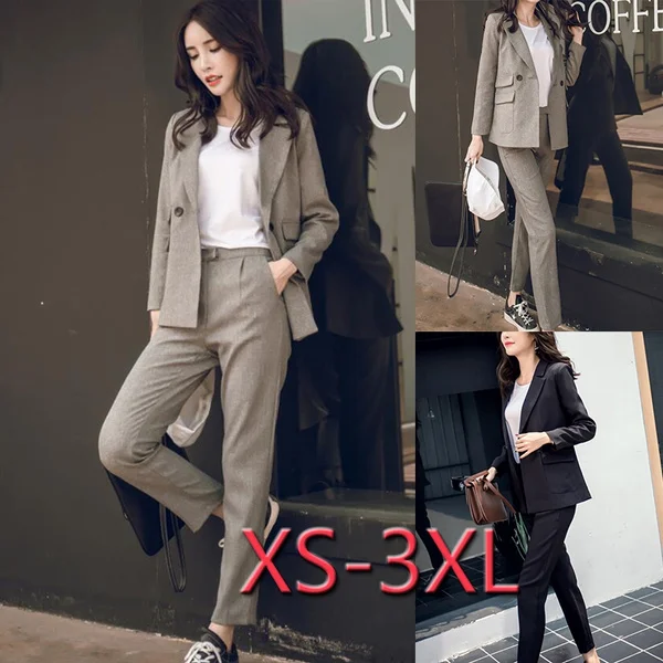 Women 2 Two Piece Sets Short Gray Solid Blazer + High Waist Pant Office Lady Notched Jacket Pant Suits Korean Outfits