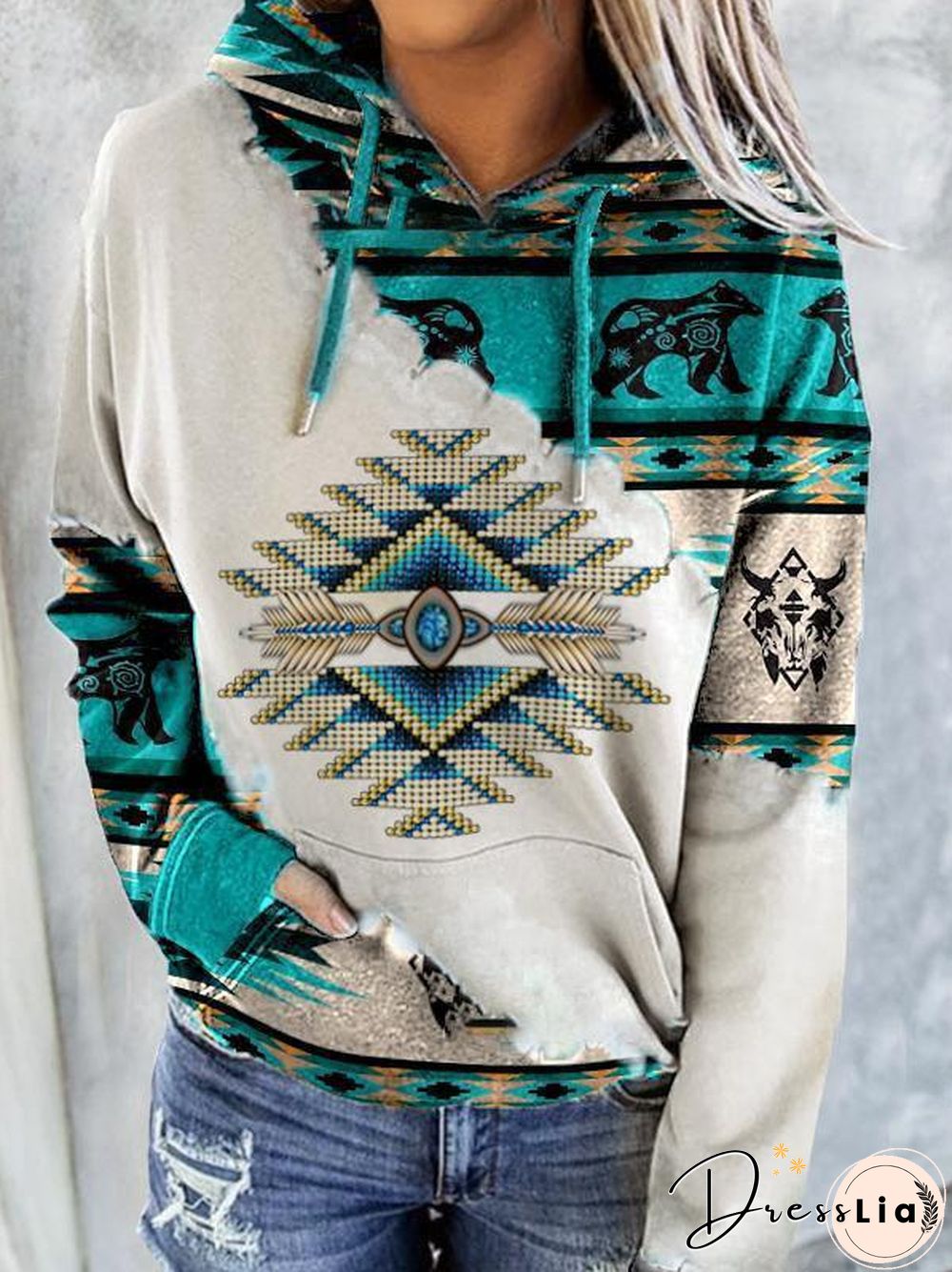 Round Neck Bohemia Printed Hoodie With Hat