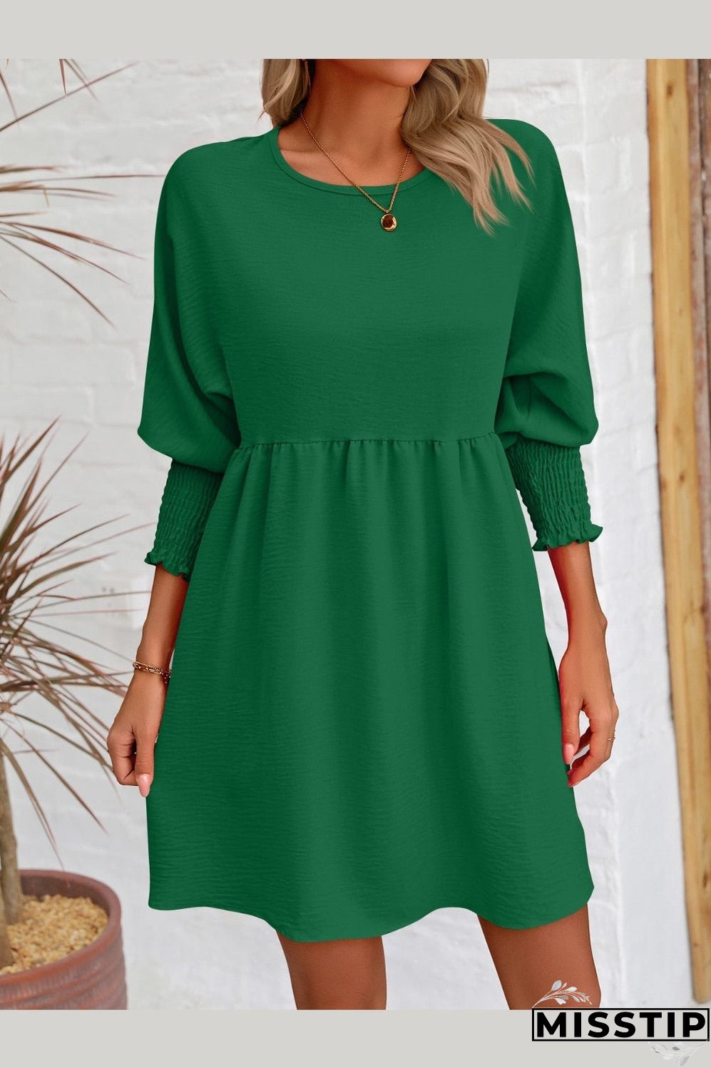 Round Neck Lantern Sleeve Mini Dress