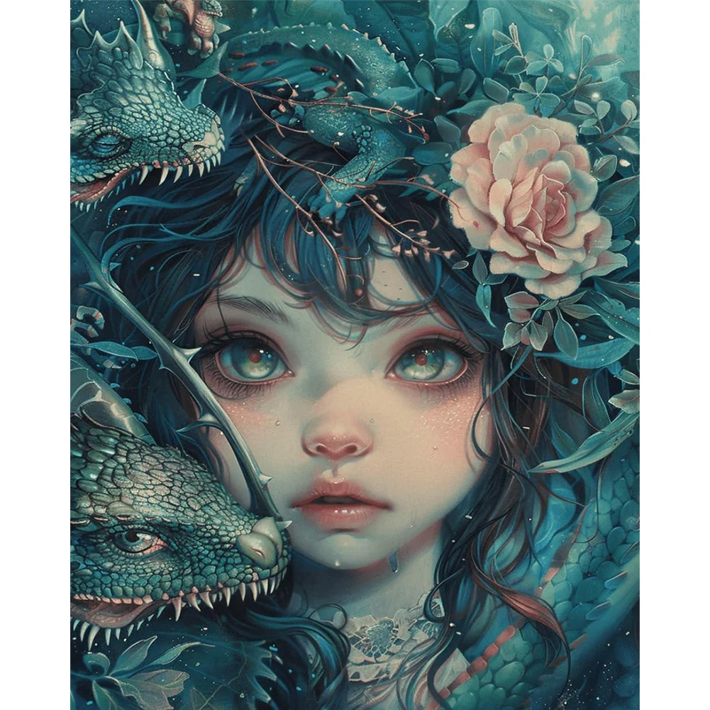 9CT Full Cross Stitch Bead Embroidery - Girl & Lizard(Canvas|40*50CM)