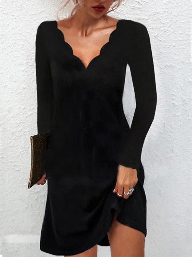 Sexy Solid V Neck Long Sleeve A-Line Dresses Black Dresses