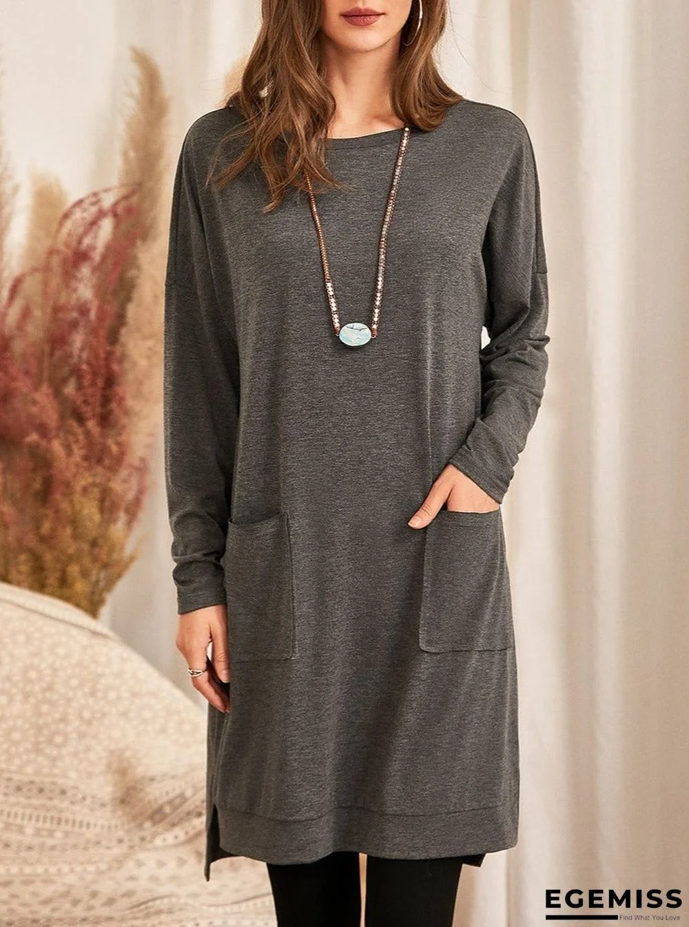 Pure Color Knitted Raw Edge Patch Pocket Casual Round Neck Long Sleeve Dress | EGEMISS