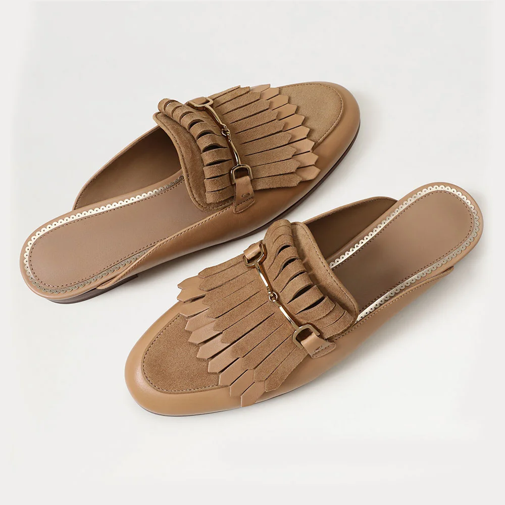 Tan Round Toe Flat Layered Fringe Casual Snaffle Buckle Mules Shoes