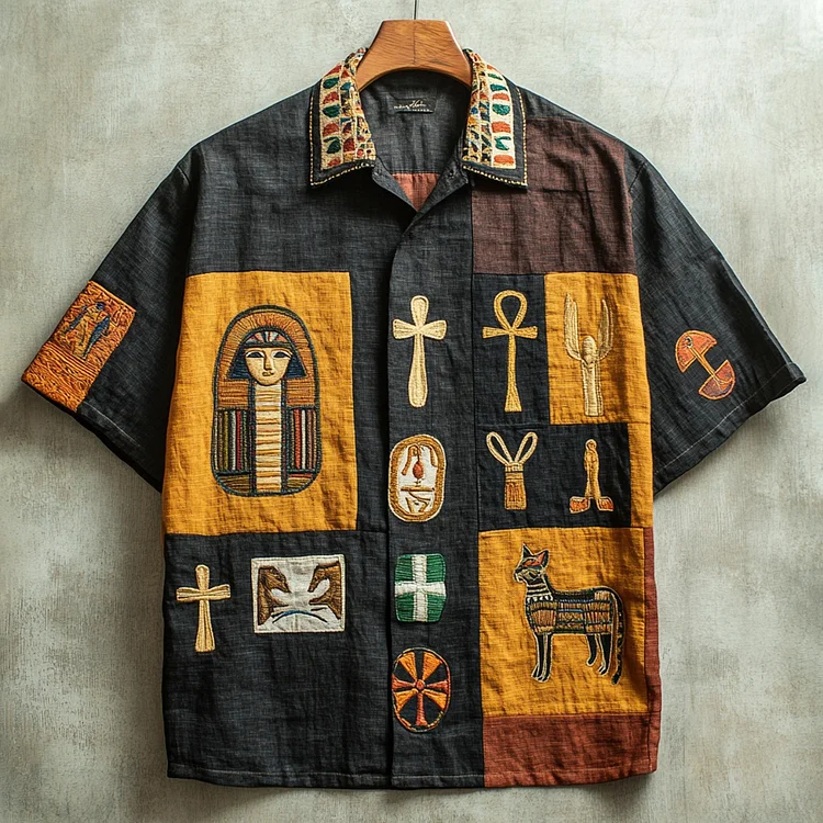 Egyptian Ankh Element Men's Linen Short Sleeve Shirt