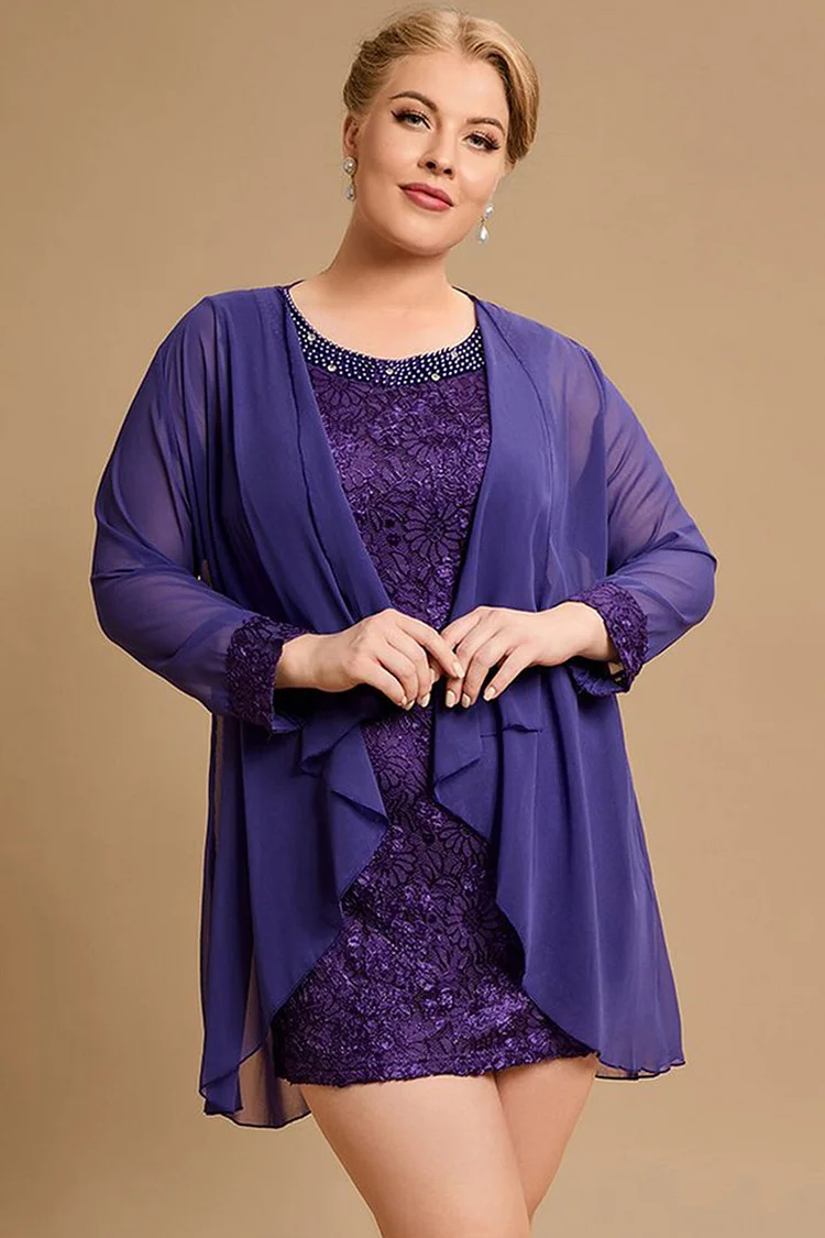 Flycurvy Plus Size Formal Purple Floral Lace Sequin Pearls Two Pieces Midi Dresses FlyCurvy Flycurvy [product_label]