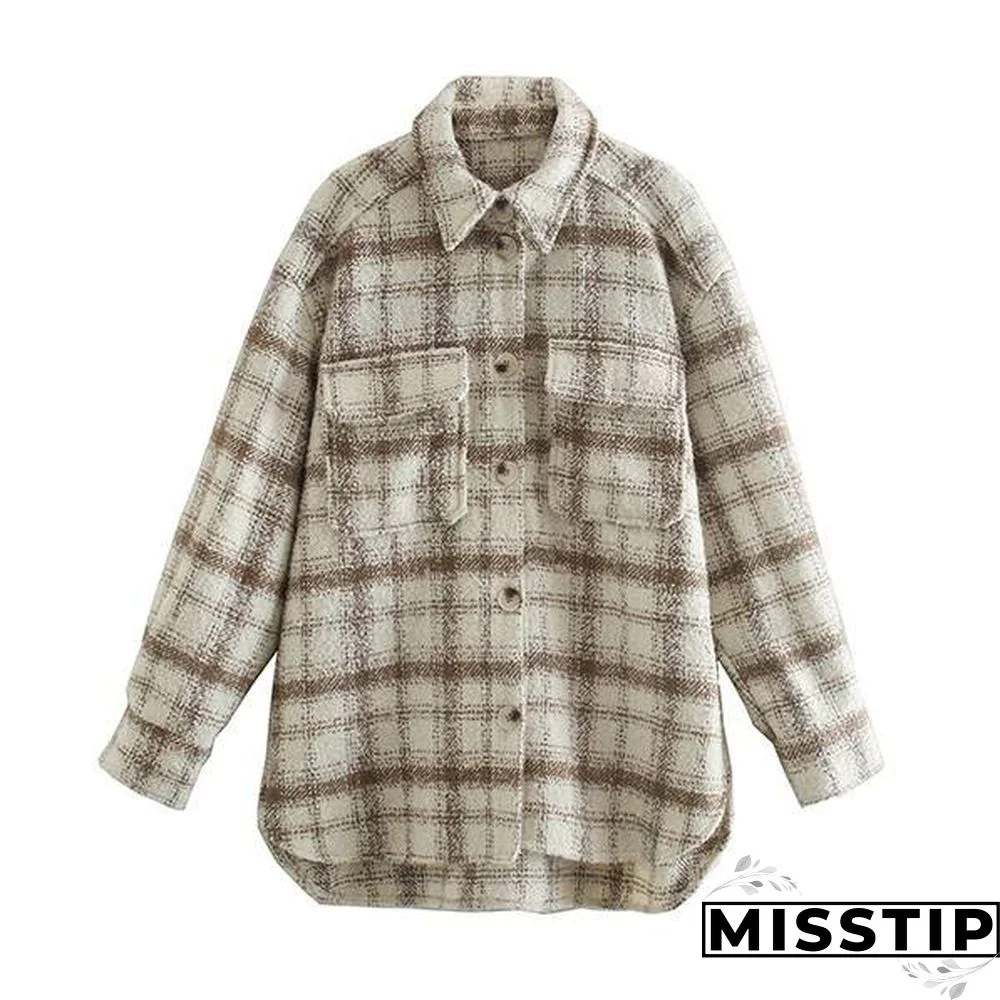 Classic Thick Colorblock Checked Button Down Shirt Jacket Woolen