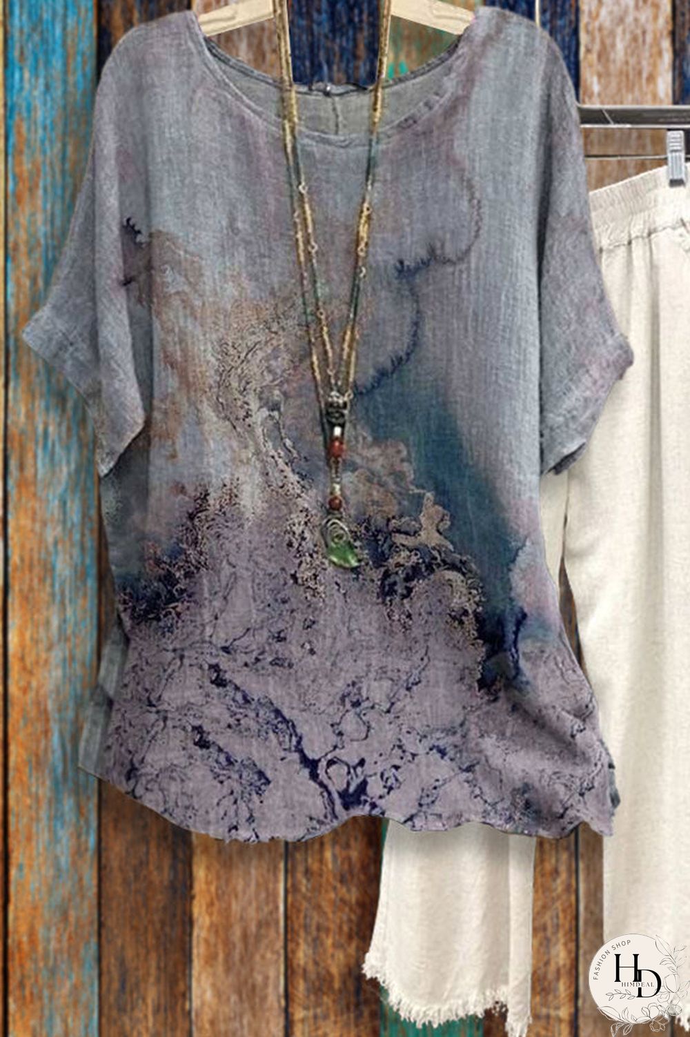 Tie-dye Loose Round Neck Short Sleeve Cotton Linen Tops