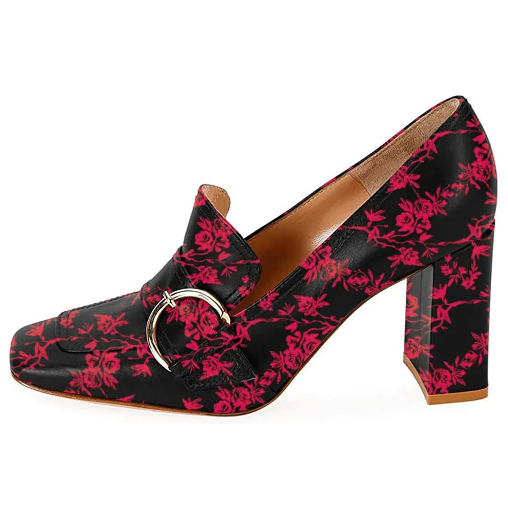 Square Toe Buckle Fuchsia Flower Chunky Heeled Loafers Women
