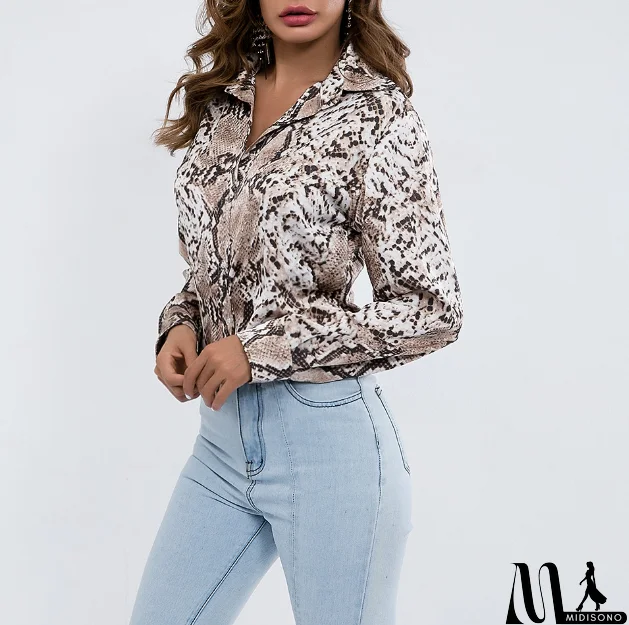 MidiSono - Leopard Print Long-Sleeve Button V-Neck Cardigan T-Shirt