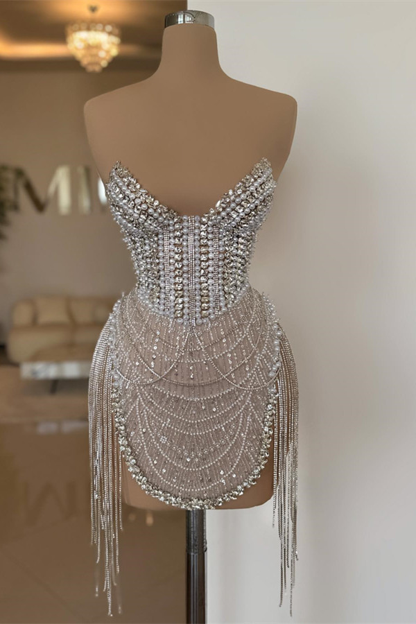 Bellasprom Luxury Short Evening Gown Sweetheart Beadings Tassels With Pearls Bellasprom