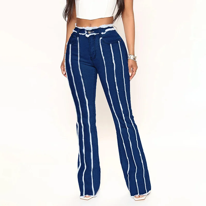Women's 2023 New Stretch Mid-waist Raw Washed Denim Trousers