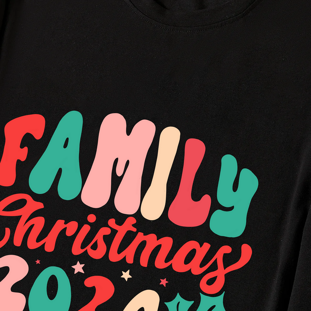 Christmas ‘ Family Christmas 2024’ Letter Print Black Long Sleeve Top with Green and Black Plaid Family Matching Pajamas