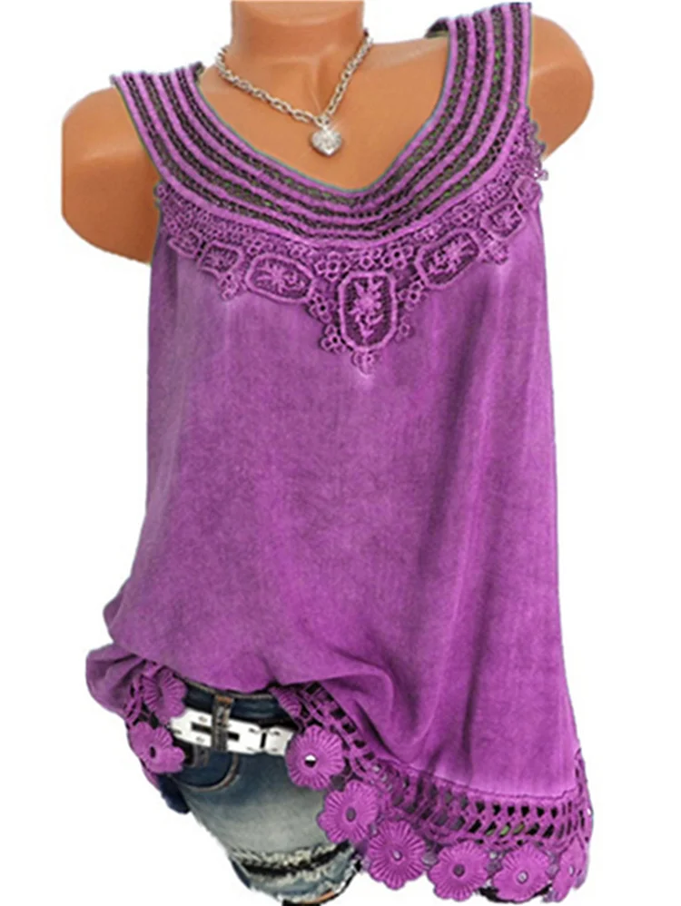 Casual Lace Trim Splicing Solid Tank Top