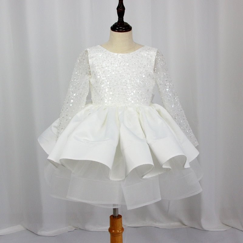 Formal Long Sleeve Lace Sequins Wedding Princess Dress Host Birthday Evening Bow Kids Dress for Girl Bridesmaid Children Clothes