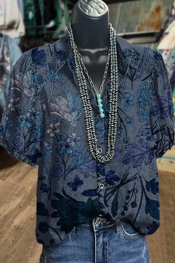 Vintage Floral Print Puff Sleeve Top