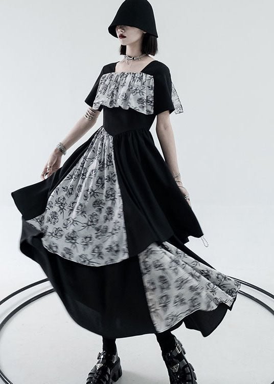 Modern Black Square Collar Asymmetrical Design Patchwork Print Long Dress Short Sleeve