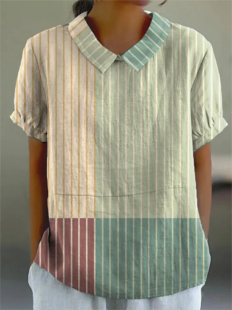 Women's Artistic Geometric Lines Print Casual Cotton And Linen Shirt