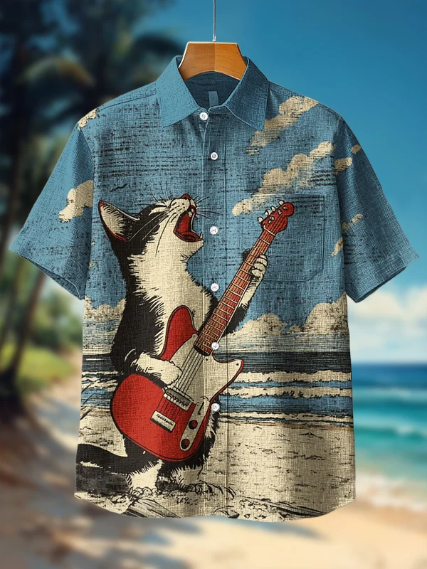 Men's Cat Playing Guitar By The Seaside Print Short Sleeve Shirt