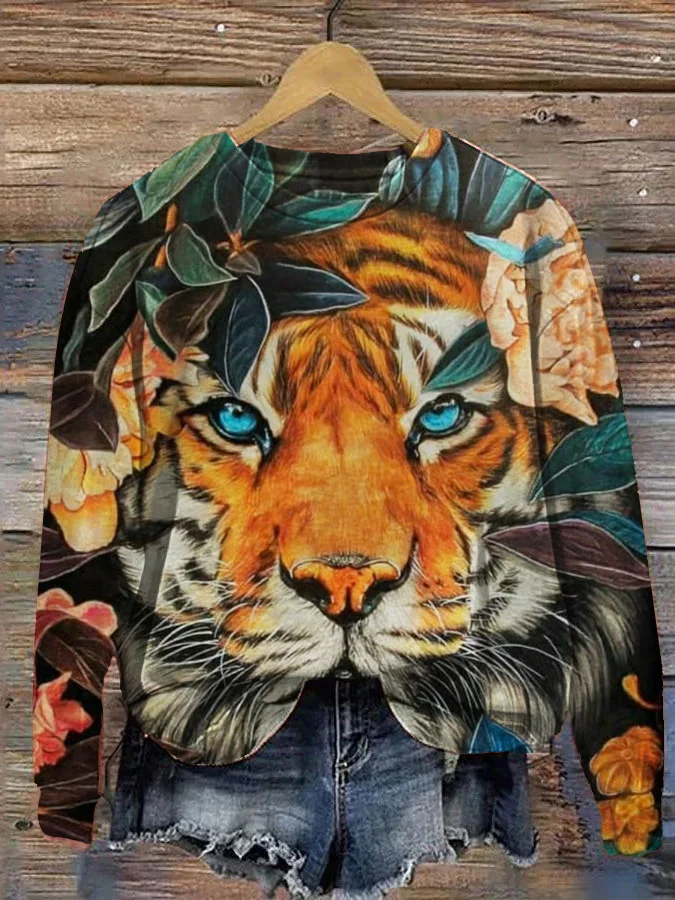 Tiger in Floral Forest Art Print Sweatshirt