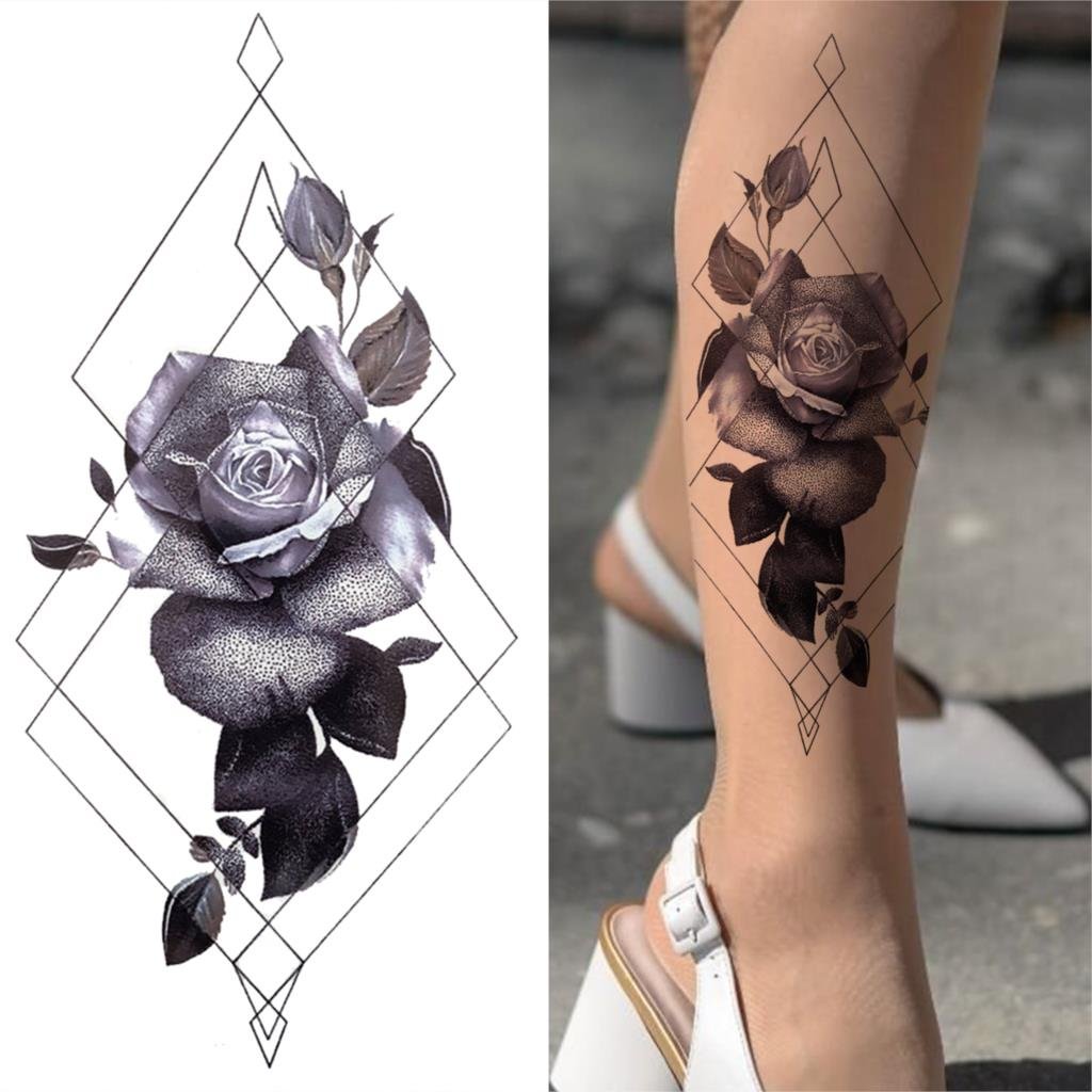 Geometry Rose Flower Temporary Tattoos For Women Girls Black Butterfly Bird Tattoo Sticker Fake Peony Geometric Body Art Tattos