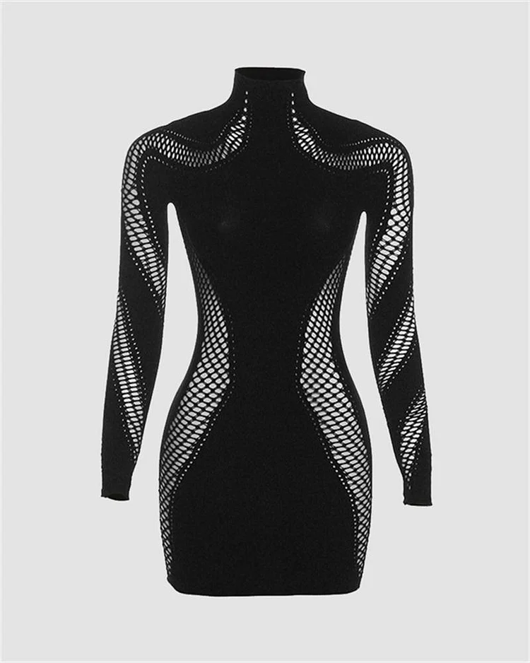 Cyberpunk Style Cut-Out Long-Sleeve Dress